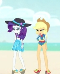Size: 240x299 | Tagged: safe, screencap, applejack, rarity, aww... baby turtles, equestria girls, equestria girls series, g4, applejack's beach shorts swimsuit, applejack's hat, beach, belly button, bored, clothes, cowboy hat, cropped, duo, female, hand on hip, hat, legs, open mouth, picture for breezies, pigeon toed, rarity's blue sarong, rarity's purple bikini, sandals, sarong, standing, sun hat, swimsuit