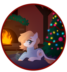 Size: 1024x1100 | Tagged: safe, artist:kabuvee, oc, oc only, earth pony, pony, christmas, christmas tree, female, fireplace, holiday, lying down, mare, prone, solo, tree