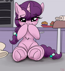 Size: 3800x4200 | Tagged: safe, artist:littlenaughtypony, sugar belle, pony, unicorn, g4, bakery, blushing, chest fluff, cute, fetish, food, frog (hoof), hoof fetish, hoofbutt, looking at you, muffin, oven, smiling, sugarbetes, underhoof