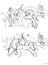 Size: 1200x1625 | Tagged: safe, artist:skoon, nightmare moon, princess celestia, queen chrysalis, alicorn, changeling, changeling queen, pony, g4, body control, female, forced kiss, implied lesbian, kissing, lesbian, luna the shipper, magic, now kiss, ship:chrysmoon, shipper on deck, shipping, sketch, spread wings, unfinished art, wingboner, wings