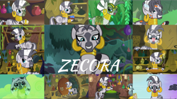 Size: 1968x1109 | Tagged: safe, edit, edited screencap, editor:quoterific, screencap, gabby, zecora, griffon, parasprite, spider, zebra, a health of information, bridle gossip, filli vanilli, g4, it isn't the mane thing about you, luna eclipsed, magic duel, princess twilight sparkle (episode), she talks to angel, swarm of the century, the cutie pox, the cutie re-mark, the fault in our cutie marks, what about discord?, angry, bipedal, bracelet, duo, duo female, ear piercing, earring, female, gritted teeth, jewelry, mouth hold, neck rings, open door, open mouth, piercing, poison joke, quadrupedal, swamp fever, teeth, walking, zecora's hut