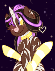 Size: 1787x2274 | Tagged: safe, artist:honeybeemlp, oc, oc only, oc:moonlight howl, hybrid, pony, werewolf, zebra, zebracorn, zony, choker, clothes, commission, eyeshadow, female, heart, makeup, one eye closed, sitting, socks, solo, striped socks, wink, ych result