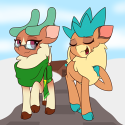 Size: 4500x4500 | Tagged: safe, artist:mrneo, cashmere (tfh), velvet (tfh), deer, them's fightin' herds, bag, clothes, community related, cousins, glasses, saddle bag, scarf