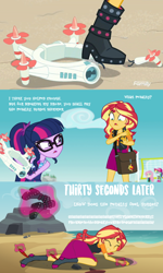 Size: 720x1199 | Tagged: safe, artist:electrahybrida, artist:gmaplay, derpibooru exclusive, edit, edited screencap, screencap, sci-twi, sunset shimmer, twilight sparkle, comic:breaking twi's drone, equestria girls, equestria girls series, forgotten friendship, g4, abuse, angry, beach, broken, clothes, cute, drone, female, geode of empathy, geode of telekinesis, laughing, magic, magic aura, magical geodes, missing shoes, punishment, shimmerbetes, socks, stocking feet, stomping, swimsuit, tickling