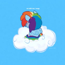 Size: 2500x2500 | Tagged: safe, artist:talimingi, rainbow dash, pegasus, pony, g4, angry, blue background, blushing, cloud, cute, dashabetes, female, high res, madorable, mare, meme, no talk me im angy, on a cloud, ponified animal photo, ponified meme, scrunchy face, simple background, sitting, sky, smol, solo
