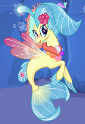 Size: 278x403 | Tagged: safe, artist:glittertiara, princess skystar, seapony (g4), g4, my little pony: the movie, bioluminescent, blue eyes, bubble, coral, dorsal fin, female, fin wings, fins, fish tail, flower, flower in hair, flowing mane, flowing tail, freckles, game, jewelry, looking at you, mirror, necklace, pearl necklace, seaquestria, smiling, solo, tail, underwater, water, wings, wrong cutie mark