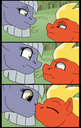 Size: 1024x1596 | Tagged: safe, artist:faitheverlasting, edit, limestone pie, short fuse, earth pony, pegasus, pony, g4, angry, comic, crack shipping, cropped, female, heart eyes, kissing, looking at each other, looking at someone, male, mare, ship:limefuse, shipping, stallion, straight, wingding eyes