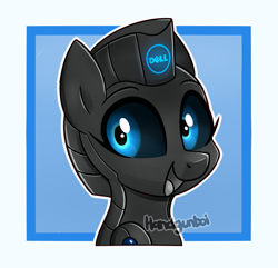 Size: 1082x1044 | Tagged: safe, artist:handgunboi, oc, oc only, oc:gigi, pony, robot, robot pony, black sclera, dell, female, mare, simple background, solo