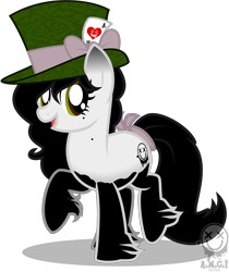 Size: 2525x3000 | Tagged: safe, artist:amgiwolf, oc, oc only, oc:amgi, earth pony, pony, bow, earth pony oc, eyelashes, female, hat, high res, hoof fluff, mare, open mouth, raised hoof, simple background, smiling, solo, tail bow, top hat, transparent background