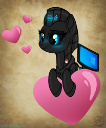 Size: 2605x3145 | Tagged: safe, artist:108-zeroforce, artist:starshade, oc, oc only, oc:gigi, pony, robot, robot pony, black sclera, dell, female, heart, heart eyes, high res, mare, simple background, solo, wingding eyes