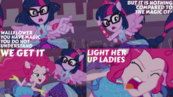 Size: 1986x1117 | Tagged: safe, edit, edited screencap, editor:quoterific, screencap, pinkie pie, sci-twi, twilight sparkle, equestria girls, equestria girls series, forgotten friendship, g4, angry, duo, eyes closed, female, glasses, open mouth, ponied up, pony ears, wings, yelling