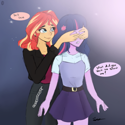 Size: 1080x1080 | Tagged: safe, artist:rapunzelights, sci-twi, sunset shimmer, twilight sparkle, equestria girls, g4, chains, clothes, comic, covering eyes, dialogue, ear piercing, eyelashes, female, lesbian, night, outdoors, pants, piercing, ship:sci-twishimmer, ship:sunsetsparkle, shipping, signature, skirt, smiling