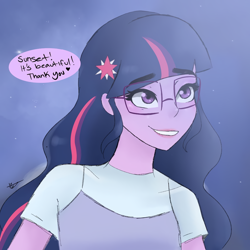 Size: 1080x1080 | Tagged: safe, artist:rapunzelights, equestria girls, g4, bust, clothes, comic, female, glasses, grin, implied shipping, implied sunset shimmer, looking up, night, outdoors, signature, smiling, talking