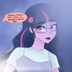 Size: 1080x1080 | Tagged: safe, artist:rapunzelights, sci-twi, twilight sparkle, equestria girls, g4, bust, clothes, comic, female, glasses, implied shipping, implied sunset shimmer, night, open mouth, outdoors, signature, talking