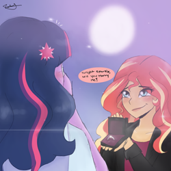 Size: 1080x1080 | Tagged: safe, artist:rapunzelights, sci-twi, sunset shimmer, twilight sparkle, equestria girls, g4, clothes, comic, engagement ring, eye clipping through hair, female, full moon, jewelry, lesbian, moon, night, outdoors, ring, ship:sci-twishimmer, ship:sunsetsparkle, shipping, signature, smiling, stars, talking