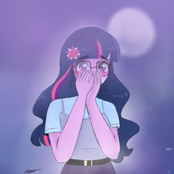 Size: 1080x1080 | Tagged: safe, artist:rapunzelights, equestria girls, g4, blushing, bust, clothes, comic, female, full moon, glasses, implied shipping, implied sunset shimmer, moon, night, outdoors, signature, stars, surprised