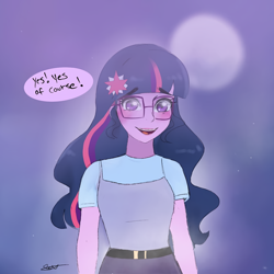 Size: 1080x1080 | Tagged: safe, artist:rapunzelights, equestria girls, g4, blushing, bust, clothes, comic, female, full moon, glasses, implied shipping, implied sunset shimmer, moon, night, outdoors, signature, stars, talking