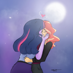 Size: 1080x1080 | Tagged: safe, artist:rapunzelights, sci-twi, sunset shimmer, twilight sparkle, equestria girls, g4, clothes, comic, eyes closed, female, full moon, kiss on the lips, kissing, lesbian, loose hair, missing accessory, moon, night, no glasses, outdoors, ship:sci-twishimmer, ship:sunsetsparkle, shipping, signature, stars