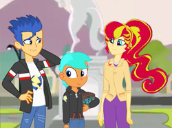 Size: 621x462 | Tagged: safe, artist:sweetpeasnuzzle, flash sentry, sunset shimmer, oc, equestria girls, g4, cropped, family, father and child, father and son, female, male, mother and child, mother and son, offspring, older, older sunset, parent:flash sentry, parent:sunset shimmer, parents:flashimmer, ship:flashimmer, shipping, straight