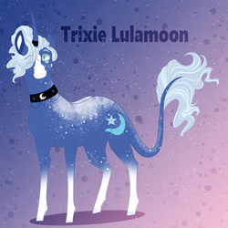 Size: 1280x1280 | Tagged: safe, artist:inisealga, trixie, pony, unicorn, g4, abstract background, choker, coat markings, eye clipping through hair, female, hair over one eye, leonine tail, mare, redesign, socks (coat markings), solo