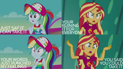 Size: 1986x1117 | Tagged: safe, edit, edited screencap, editor:quoterific, screencap, rainbow dash, sunset shimmer, equestria girls, equestria girls specials, g4, my little pony equestria girls: better together, my little pony equestria girls: spring breakdown, angry, argument, female, hat, open mouth, teeth