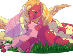 Size: 2200x1700 | Tagged: safe, artist:theartfox2468, big macintosh, fluttershy, oc, oc:valentine, earth pony, pegasus, pony, alternate design, beard, blank flank, body freckles, coat markings, colored hooves, colored wings, colored wingtips, cuddling, cute, daaaaaaaaaaaw, eyes closed, facial hair, family, father and child, father and daughter, female, filly, floppy ears, fluttermac, freckles, grass, licking, lying down, macabetes, male, mare, mother and child, mother and daughter, offspring, parent:big macintosh, parent:fluttershy, parents:fluttermac, prone, scar, shipping, shyabetes, simple background, smiling, spread wings, stallion, straight, sweet dreams fuel, tongue out, transparent background, unshorn fetlocks, wings