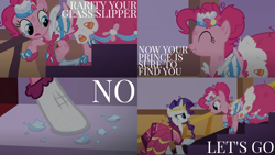 Size: 1986x1117 | Tagged: safe, edit, edited screencap, editor:quoterific, screencap, pinkie pie, rarity, earth pony, pony, unicorn, g4, season 1, the best night ever, angry, cinderella, clothes, dress, duo, duo female, eyes closed, female, gala dress, glass slipper (footwear), messy mane, open mouth, pinkie pie's first gala dress, rarity's first gala dress, reference, stomping