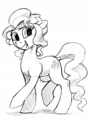 Size: 1536x2048 | Tagged: safe, artist:dimfann, oc, oc only, earth pony, pony, female, looking at you, mare, monochrome, not pinkie pie, open mouth, raised hoof, raised leg, sketch, smiling, solo, three quarter view