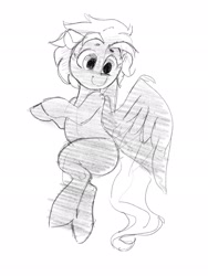 Size: 1536x2048 | Tagged: safe, artist:dimfann, oc, oc only, pegasus, pony, grayscale, looking down, monochrome, sketch, smiling, solo, spread wings, wings