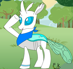 Size: 839x795 | Tagged: safe, artist:fsnyion, oc, oc only, oc:nyion, changedling, changeling, clothes, scarf, silly changeling, solo, tongue out