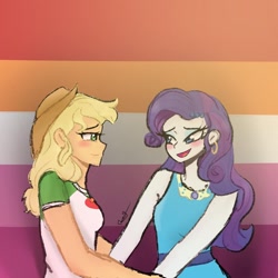 Size: 1080x1080 | Tagged: safe, alternate version, artist:rapunzelights, applejack, rarity, equestria girls, g4, blushing, clothes, ear piercing, earring, female, hat, holding hands, jewelry, lesbian, lesbian pride flag, lipstick, necklace, piercing, pride, pride flag, ship:rarijack, shipping, signature, smiling