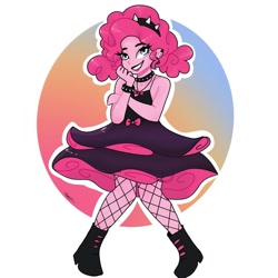 Size: 1080x1080 | Tagged: safe, artist:rapunzelights, pinkie pie, equestria girls, g4, abstract background, boots, choker, clothes, dress, ear piercing, female, fishnet stockings, goth, grin, hairband, lipstick, piercing, shoes, signature, smiling, spiked wristband, wristband