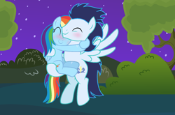 Size: 2000x1320 | Tagged: safe, alternate version, artist:katsubases, artist:mlp-scribbles, artist:prismborealisdash, rainbow dash, soarin', pegasus, pony, g4, backwards cutie mark, base used, blushing, duo, eyes closed, female, flying, hug, male, mare, ship:soarindash, shipping, stallion, straight, vector, wings