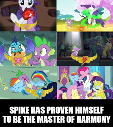 Size: 500x560 | Tagged: safe, edit, edited screencap, screencap, applejack, fluttershy, pinkie pie, princess ember, rainbow dash, rarity, shining armor, spike, thorax, twilight sparkle, alicorn, changeling, dragon, earth pony, pegasus, pony, unicorn, friendship is magic, gauntlet of fire, inspiration manifestation, secret of my excess, sparkle's seven, the times they are a changeling, big crown thingy, caption, element of generosity, element of honesty, element of kindness, element of laughter, element of loyalty, element of magic, elements of harmony, fire ruby, gem, golden oaks library, image macro, jewelry, mane seven, mane six, meme, regalia, royal guard, ruby, spikelove, text, twilight sparkle (alicorn), winged spike, wings