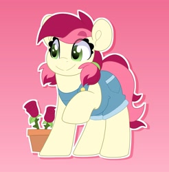 Size: 2019x2048 | Tagged: safe, alternate version, artist:partypievt, roseluck, earth pony, pony, g4, alternate design, alternate hairstyle, clothes, eye clipping through hair, eyebrows, eyebrows visible through hair, flower, flower pot, high res, looking away, overalls, pigtails, pink background, pocket, pockets, ponytail, pot, rose, simple background, smiling, solo, twintails