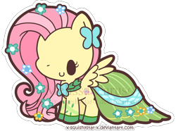 Size: 900x668 | Tagged: safe, artist:x-squishystar-x, edit, fluttershy, pony, g4, blushing, chibi, clothes, cute, dress, female, flower, flower in hair, gala dress, shyabetes, simple background, solo, spread wings, transparent background, watermark, wings