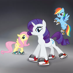 Size: 3300x3300 | Tagged: safe, artist:mandumustbasukanemen, fluttershy, rainbow dash, rarity, pegasus, pony, unicorn, g4, abstract background, clothes, drip, group, high res, meme, shoes