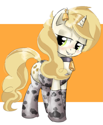 Size: 1251x1514 | Tagged: safe, artist:ponerino, sweet biscuit, pony, unicorn, g4, adorabiscuit, bedroom eyes, bell, bell collar, blushing, clothes, collar, colored, cowbell, cowprint, cute, digital art, ear piercing, earring, jewelry, leather, lip bite, looking at you, piercing, socks, thigh highs
