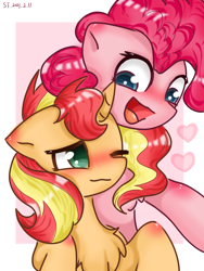 Size: 1080x1440 | Tagged: safe, artist:starflashing twinkle, pinkie pie, sunset shimmer, earth pony, pony, unicorn, g4, blushing, chest fluff, cute, female, lesbian, looking at each other, one eye closed, open mouth, ship:sunsetpie, shipping, simple background