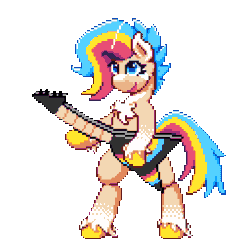 Size: 512x512 | Tagged: safe, artist:bitassembly, oc, oc only, oc:rocket pop, earth pony, pony, animated, female, guitar, musical instrument, pixel art, simple background, solo, transparent background