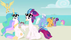Size: 3840x2160 | Tagged: safe, artist:twilightsparkle0428, flash sentry, ocean flow, princess celestia, princess skystar, queen novo, twilight sparkle, alicorn, hippogriff, pony, seapony (g4), g4, my little pony: the movie, beach, high res, sunglasses, wing hands, wings
