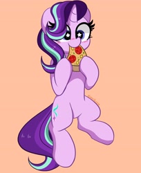 Size: 3347x4096 | Tagged: safe, artist:kittyrosie, starlight glimmer, pony, unicorn, blushing, cheese pizza, cute, eating, food, glimmerbetes, orange background, pineapple pizza, pizza, simple background, slice of pizza, solo, starry eyes, that pony sure does love pineapple pizza, tomato, tomato pizza, tomatoes, wingding eyes
