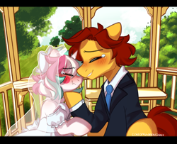 Size: 2384x1940 | Tagged: safe, artist:cottonsweets, oc, oc:cottonsweets, oc:steffy, earth pony, pony, unicorn, blushing, crying, gazebo, marriage, shipping, tears of joy