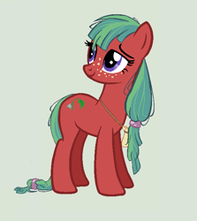 Size: 578x648 | Tagged: safe, artist:ashurikrbg, oc, oc only, oc:apple seed, earth pony, pony, female, freckles, green background, mare, offspring, parent:big macintosh, parent:marble pie, parents:marblemac, simple background, solo