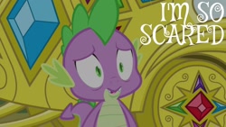 Size: 1920x1080 | Tagged: safe, edit, edited screencap, editor:quoterific, screencap, spike, dragon, g4, inspiration manifestation, male, open mouth, scared, solo