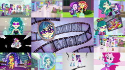 Size: 1978x1113 | Tagged: safe, edit, edited screencap, editor:quoterific, screencap, applejack, fluttershy, juniper montage, pinkie pie, rainbow dash, rarity, sci-twi, starlight glimmer, sunset shimmer, twilight sparkle, pony, unicorn, equestria girls, equestria girls specials, g4, my little pony equestria girls: mirror magic, bag, bipedal, book, breaking the fourth wall, clothes, cracking, duo, eyes closed, female, frightened, glass shard, humane five, humane seven, humane six, juniper monstar, mirror, mirror world, open mouth, saddle bag, scared, teeth, twilight's castle