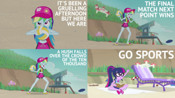 Size: 1986x1117 | Tagged: safe, edit, edited screencap, editor:quoterific, screencap, rainbow dash, sci-twi, twilight sparkle, equestria girls, equestria girls series, forgotten friendship, g4, book, cap, clothes, drone, duo, eyes closed, feet, flip-flops, go sports, hat, open mouth, sandals, sitting, sports, swimsuit, volleyball