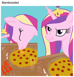 Size: 819x843 | Tagged: safe, artist:eels, princess cadance, pony, g4, angry, bamboozled, cadance is not amused, cheese pizza, cute, cutedance, food, grumpy, licking, madorable, peetzer, pizza, pizza box, ponified animal photo, scrunchy face, silly, silly pony, solo, that pony sure does love pizza, tongue out, unamused
