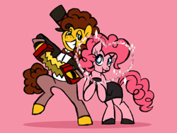 Size: 1080x810 | Tagged: safe, artist:sinjaaussiaangels, cheese sandwich, pinkie pie, earth pony, pony, g4, accordion, bipedal, black dress, clothes, dress, female, hat, heart, little black dress, male, musical instrument, pink background, ship:cheesepie, shipping, simple background, straight, top hat