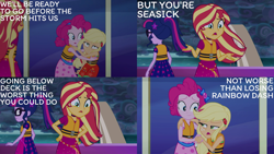 Size: 1986x1117 | Tagged: safe, edit, edited screencap, editor:quoterific, screencap, applejack, pinkie pie, sci-twi, sunset shimmer, twilight sparkle, equestria girls, equestria girls specials, g4, my little pony equestria girls: better together, my little pony equestria girls: spring breakdown, duo, duo female, female, implied rainbow dash, lifejacket, open mouth, teeth